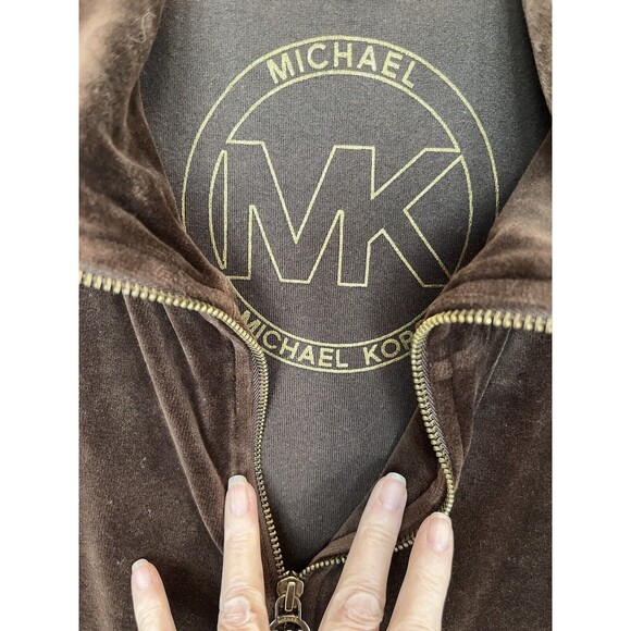 MICHAEL KORS Velour Brown Track Jacket Womens Sz M Full Zip High Neck - Picture 7 of 9